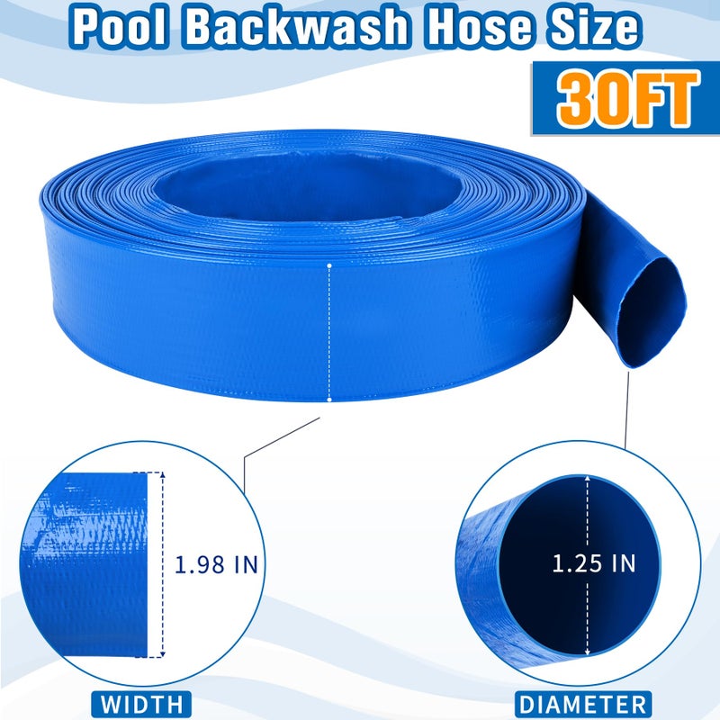 MYFAMIREA 1.25 IN x 30 FT Pool Backwash Hose Heavy Duty Drain Discharge Double PVC Layflat Hose with 2 Clamp, Weatherproof Burst Resistant for Water Transfer, Sump Pump, Pool Filter, Drain (9.2M,Blue) - Image 2